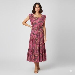 Farm Rio Wild Bananas Print Square Neck Ruffled Tiered Midi Dress Size Medium